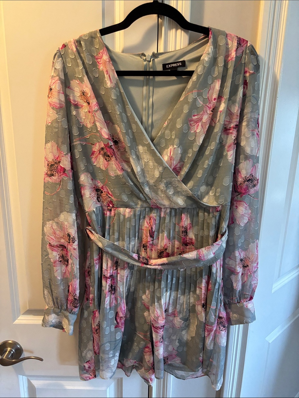 Express Gray and Pink Floral Long-Sleeve Wrap Dress